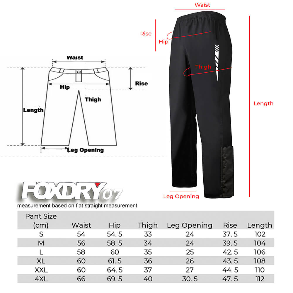 FOXDRY 07 Raincoat Pant Size Chart